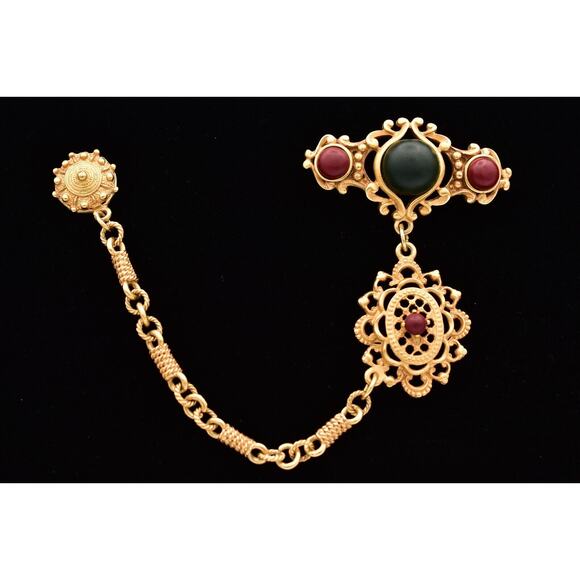 DKNY Vintage Chain Pin Brooch Antiqued Gold Cabochon Victorian Signed BinAP
